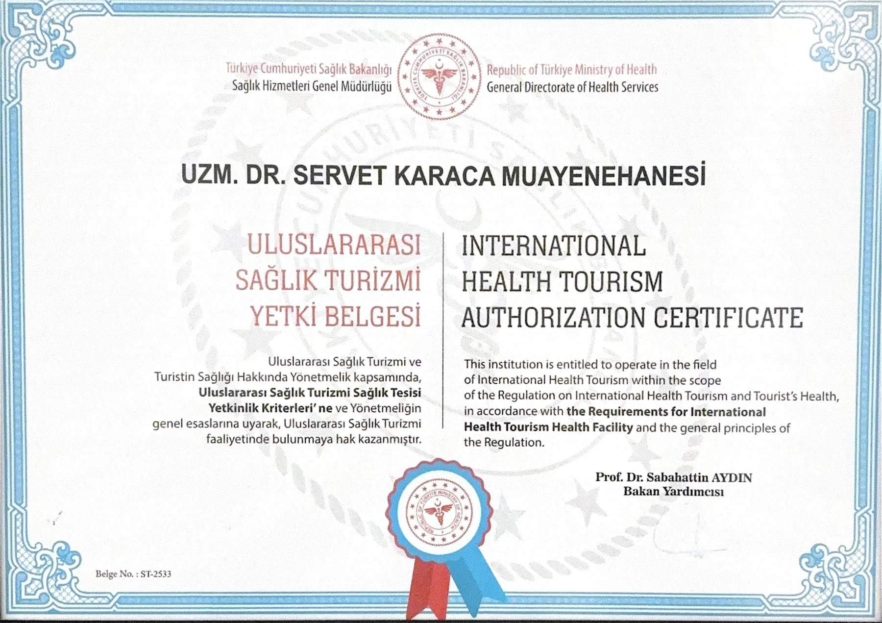 Op. Dr. Servet Karaca – Sağlık Turizmi Yetki Belgesi